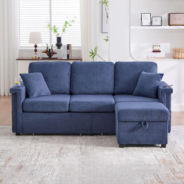 Elena 76.38 in. Corduroy L-Shaped Sectional Sofa in. Navy with Pull-Out Storage, Ottoman, USB Charging, Cup Holder
