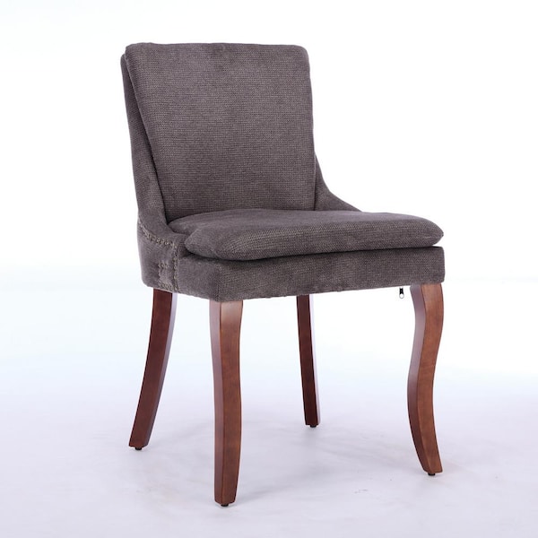 Unbranded Brown Wood Outdoor Dining Chairs with Double-layer Gray Cushions, Mid Back, Curved Solid Wood Legs, Set of 2
