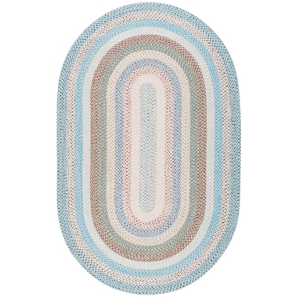 Braided Beige/Light Blue 4 ft. x 6 ft. Machine Washable Striped Multicolor Oval Area Rug