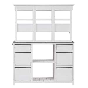 50 in. W x 65 in. H White Wood Potting Bench Table with Drawers and Shelves