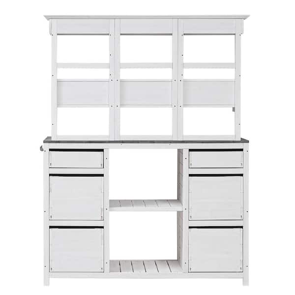 Tealeaf 50 in. W x 65 in. H White Wood Potting Bench Table with Drawers and Shelves
