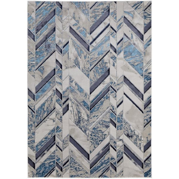4 ft. x 6 ft. Ivory and Blue Chevron Area Rug