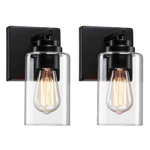 9.1 in. 2-Piece Wall Light Square Matte Black Base 2-Light Wall Sconce with Clear Glass Shades (Set of 2)