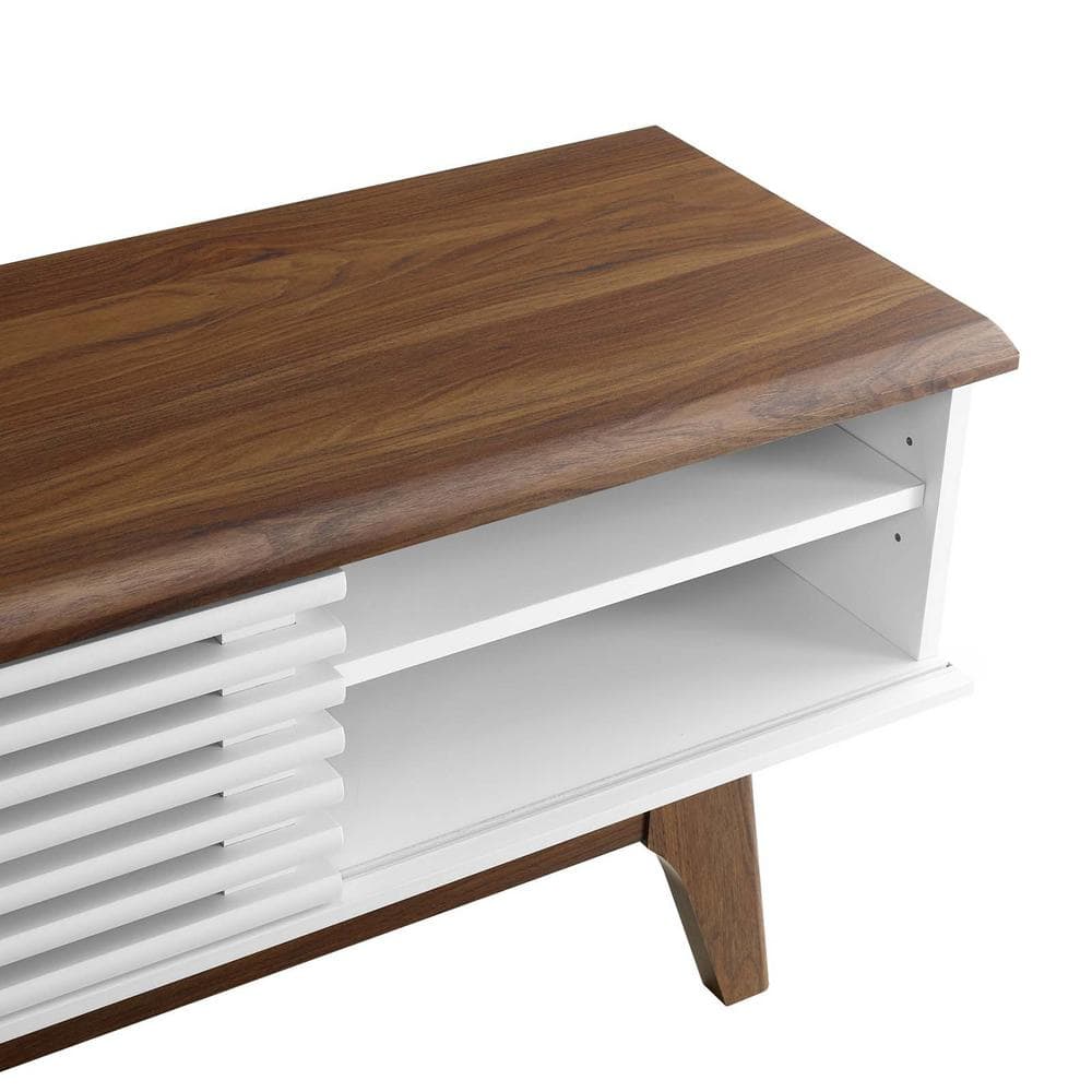 Walnut and White Mid-Century Modern 70" TV Stand with Sliding Doors