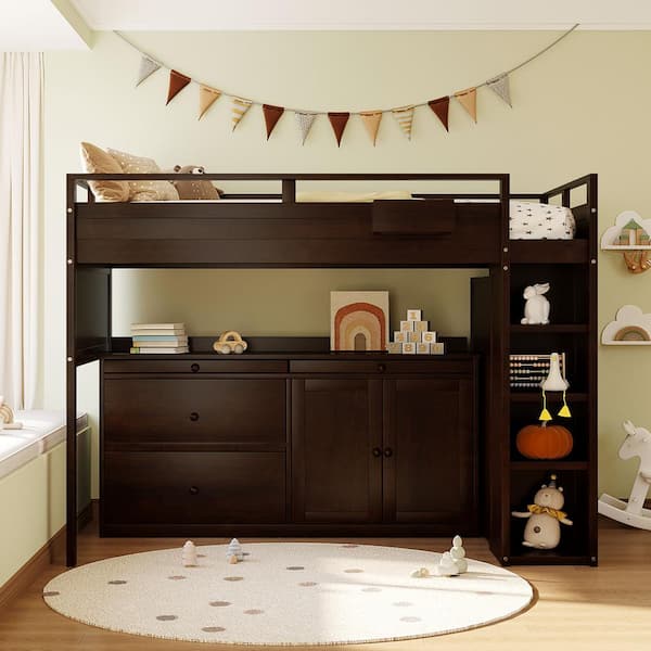 Polibi Espresso Twin Size Pinewood Loft Bed with Rolling Cabinet, Desk, and Storage Drawers