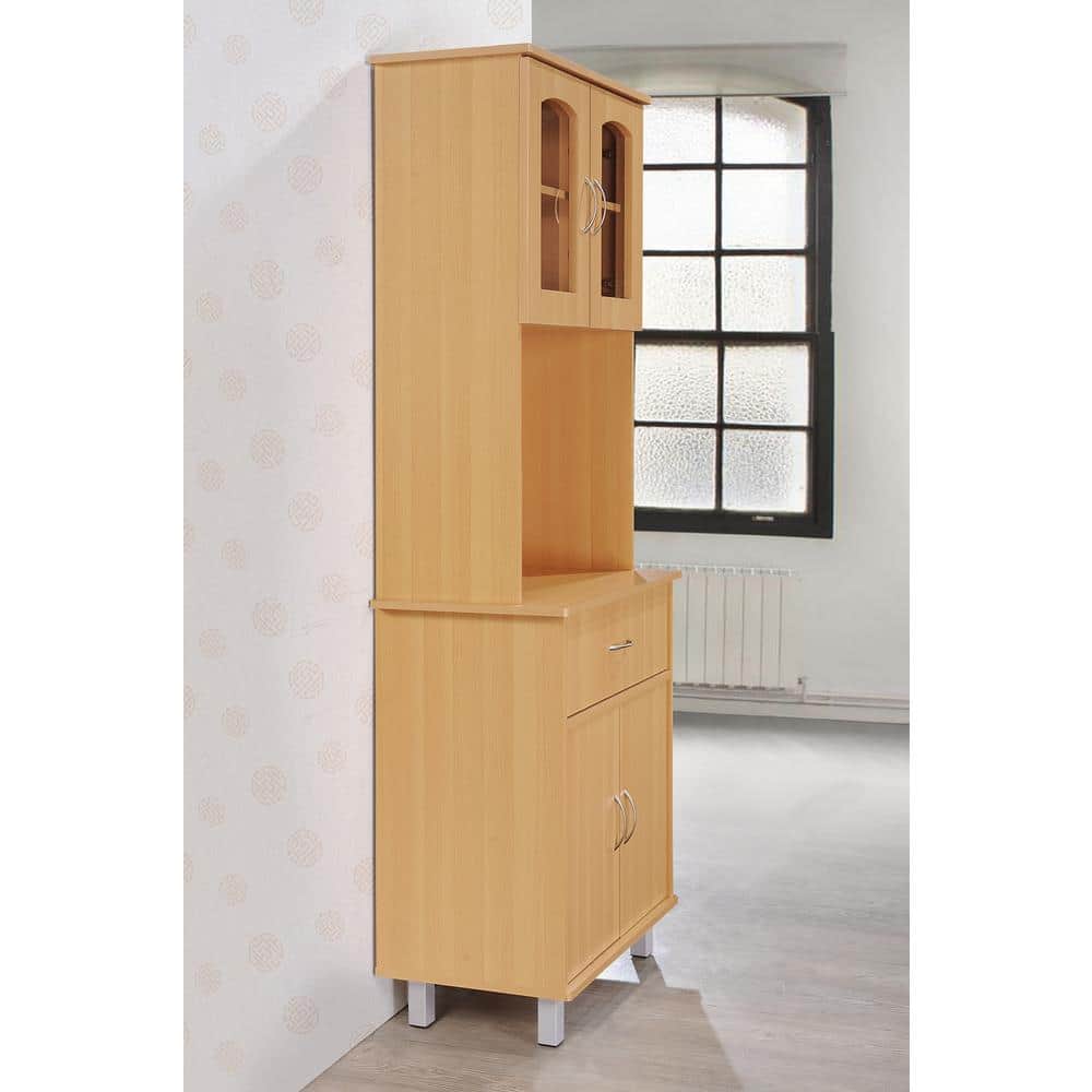 Elegant Cherry Wood Kitchen China Cabinet with Microwave Shelf and Storage