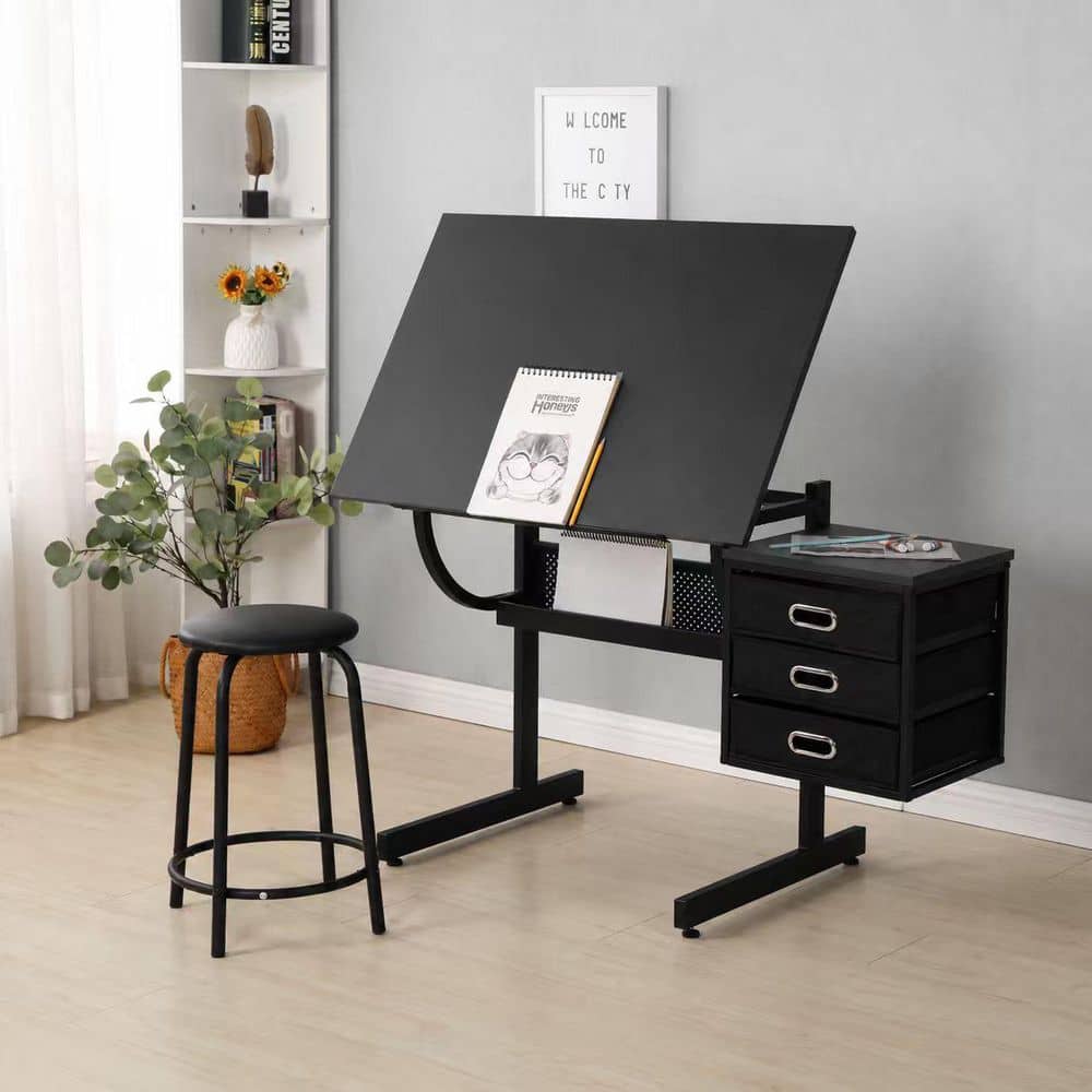 45.27 in. Rectangle Black Wood and Metal 3-Drawers Adjustable Drafting Table Writing Desk with Stool price history on PriceWatchPro