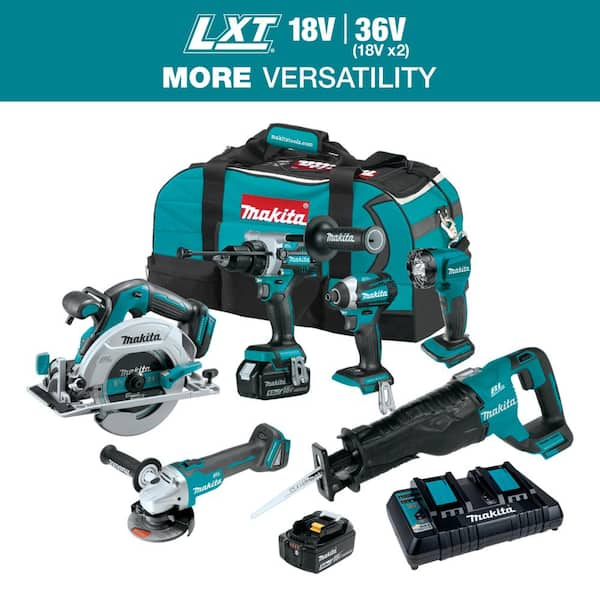 Makita 18V 5.0Ah LXT Brushless 6-Piece Kit(Hammer Driver-Drill, Impact Driver, Recipro Saw, Circ. Saw, Grinder, Flashlight)