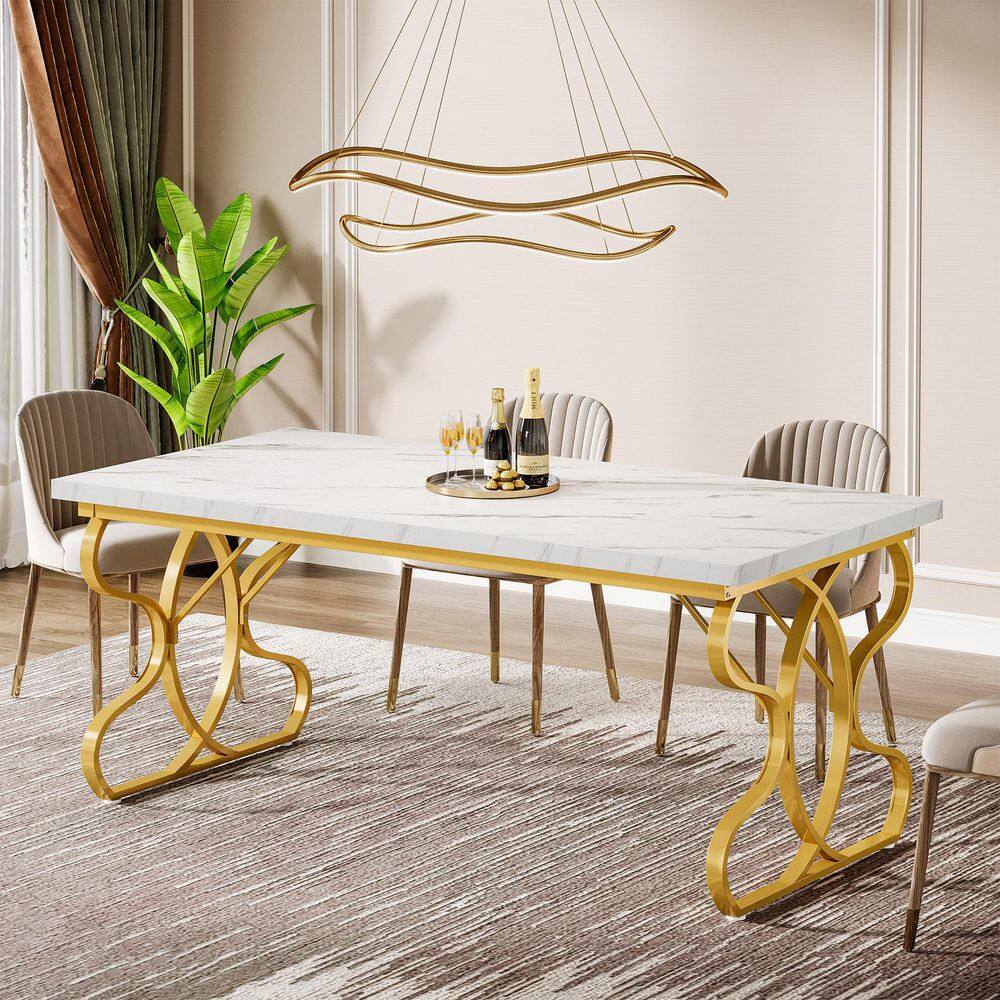 Roesler White and Gold Wood 63 in. Sled Rectangle Dining Table Seats 4