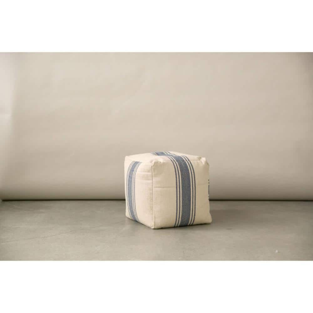 Coastal Charm Cream & Blue Stripe Square Metal Pouf