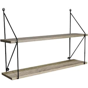 6 in. D x 23.62 in W x 15.75 in. H Grey Rustic Wood Decorative Wall Shelves with Crossbar and Metal Brackets
