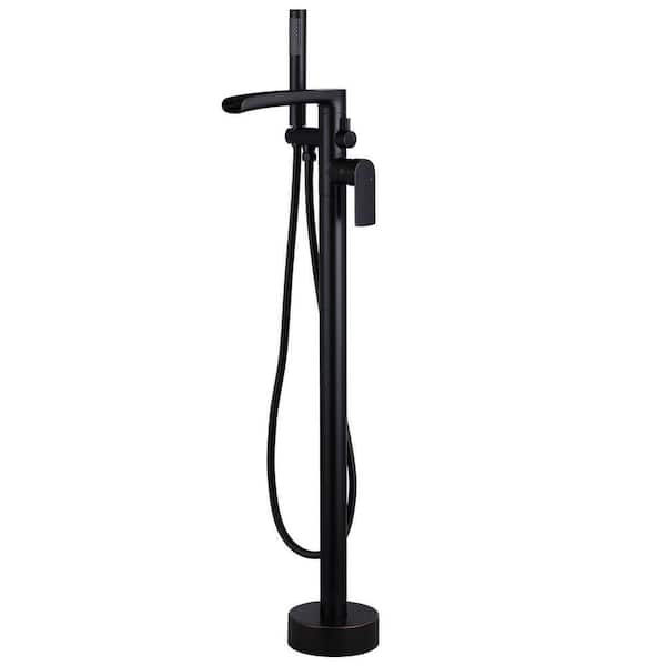 1-Handle Waterfall Freestanding Floor Mount Tub Faucet Bathtub Filler with Hand Shower in Oil Rubbed Bronze