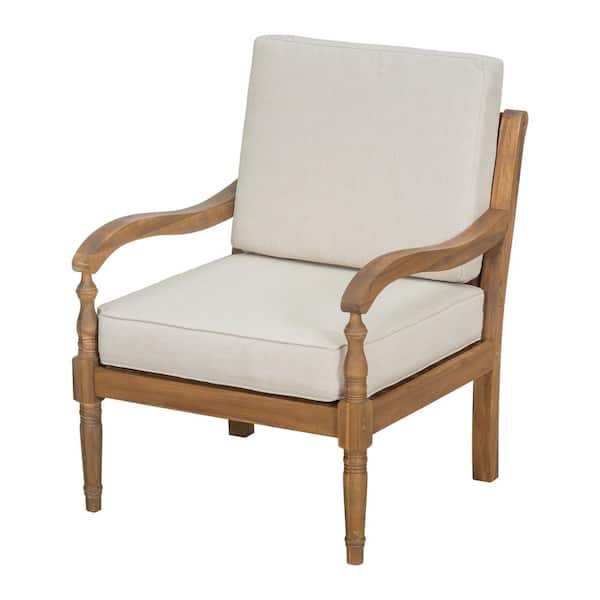 CHRISTOPHER KNIGHT HOME Gavin Natural Finish Solid Wood Patio Outdoor Lounge Chair with Beige Cushions, Carved Curved Lattice Backrest