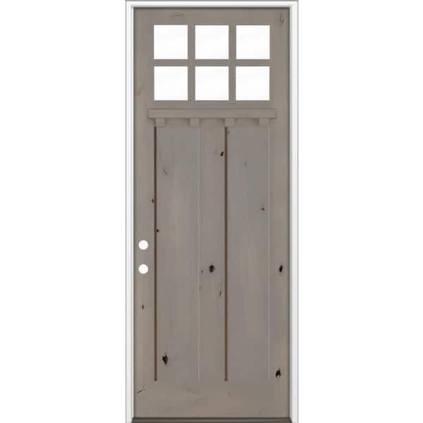 42 in. x 96 in. Knotty Alder Right-Hand/Inswing 6-Lite Clear Glass Weathered Gray Stain Wood Prehung Front Door w DS