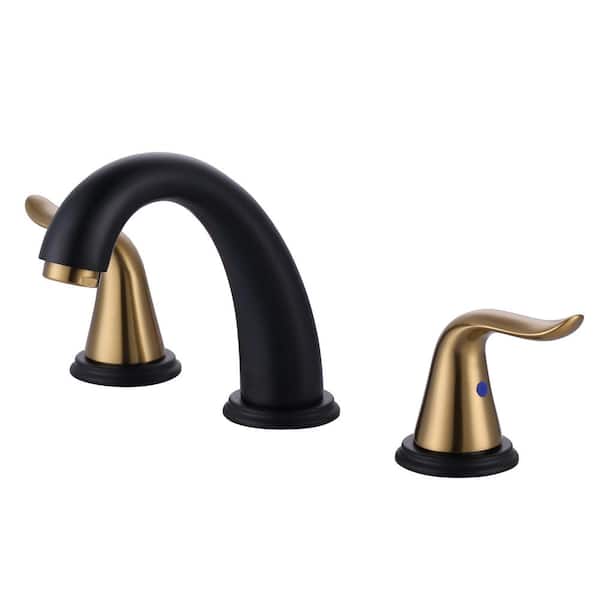IVIGA 8 in. Widespread Double Handle Bathroom Faucet with 2-Aerators, Pop-up Drain and Supply Lines in Black and Gold