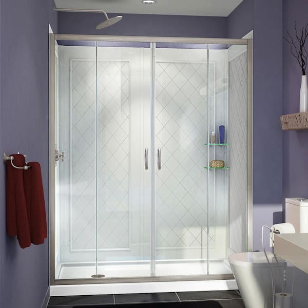DreamLine Visions 60 in. W x 32 in. D x 76-3/4 in. H Semi-Frameless Shower Door in Brushed Nickel with White Base and Backwalls