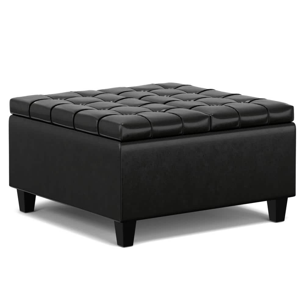 Midnight Black Tufted Faux Leather Storage Ottoman