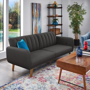 81 in. Square Arm Faux Leather Rectangle Convertible Split-Back Futon Sofa Bed With Usb Charging Ports in. Dark Gray