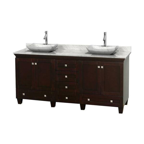 Wyndham Collection Acclaim 72 in. W Double Vanity in Espresso with Marble Vanity Top in Carrara White and White Carrara Sinks