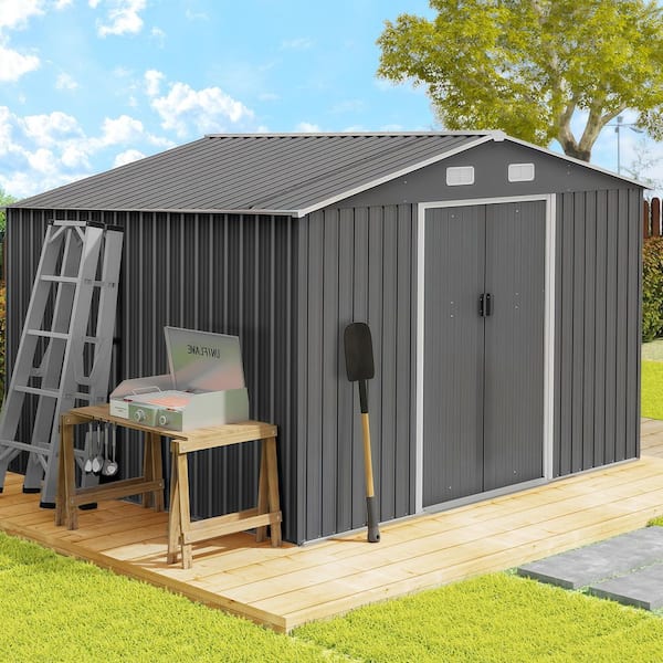 10 ft. x 8 ft. Outdoor Metal Storage Shed Tool House with Foundation and Lockable Doors for Garden, Gray (75 sq. ft.)