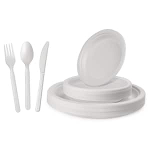 10/7 in. White Compostable Disposable Paper Plate Set Plus Cutlery [25 Guest/Box, 6-Boxes/Case, 150 Guest Settings/Case]