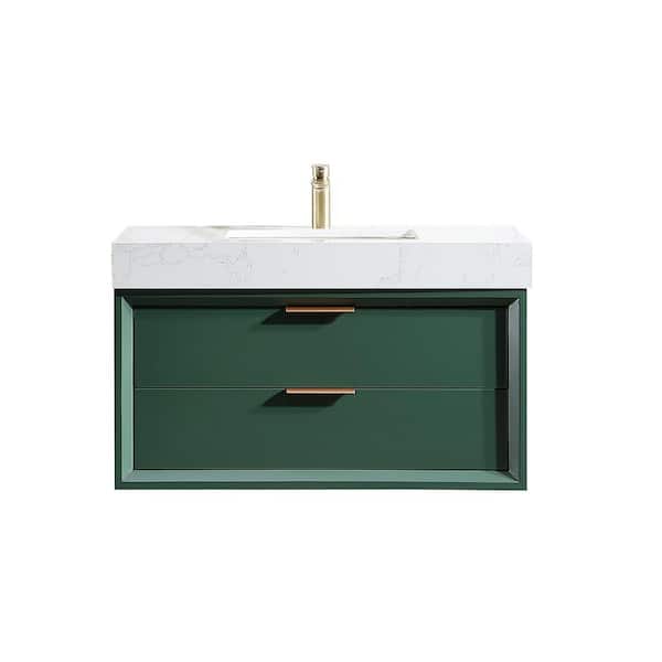 JimsMaison 36 in. W x 21 in. D x 21 in. H Single Sink Wall Mounted Bath Vanity in Green with White Engineered Stone Composite Top