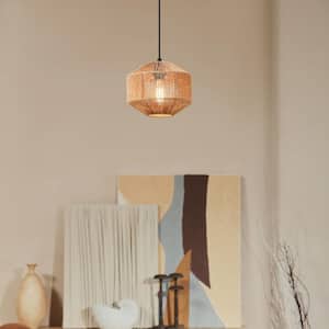 1-Light Black Shaded Pendant Lighting with Natural Twine Shade
