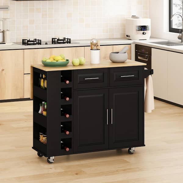 Unbranded Black Rubber Wood 46.46 in. Kitchen Island Cart with Door Cabinet Drawers, Spice Rack, Towel Holder, Wine Rack