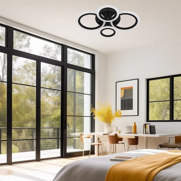 22 in. Modern 4-Ring Black LED Flush Mount Ceiling Light - Warm White 4000K for Kitchen or Living Room