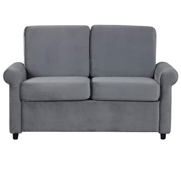 Polibi 57.4 in. Square Arm Velvet Rectangle Sofa with Premium Twin Size Mattress Pad in Gray