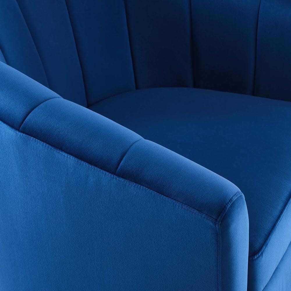 Navy Velvet Swivel Barrel Accent Chair with Wood Base