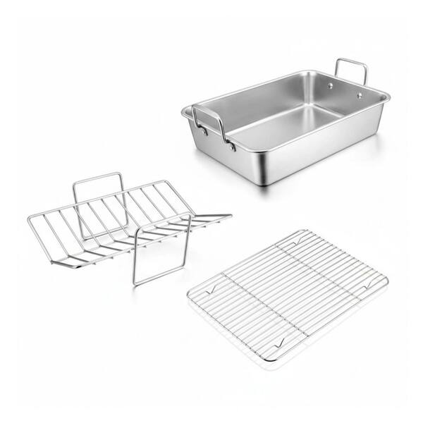 5-Piece Stainless Steel Beer Can Chicken Roasting Pan Set with Rack for Grill Smoker Oven, Dishwasher Safe