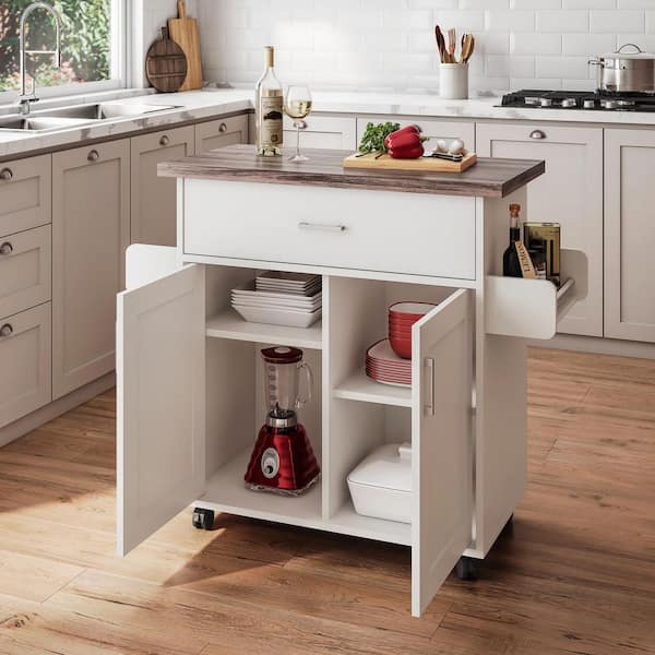 Techni Home Deluxe 45 in. W x 35.25 in. H Cart White/Natural with Wood Water Resistant Top, Adjustable Shelves, Locking Wheels,