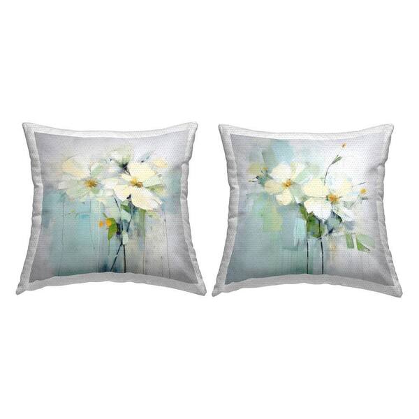 Muted White Blooms Green Square Outdoor Throw Pillow 2-Pack