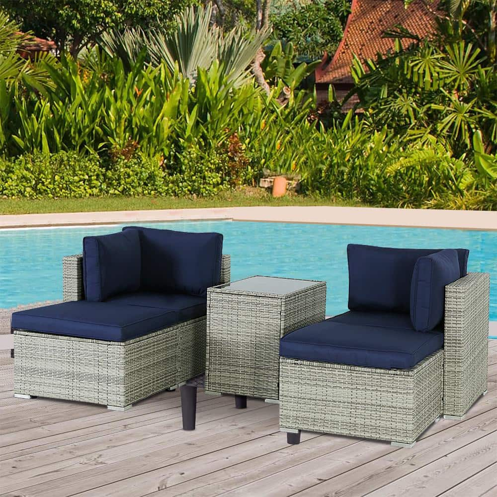 Grey 5-Piece Wicker Outdoor Sectional Set with Blue Cushions -  Cesicia, 314CSet11