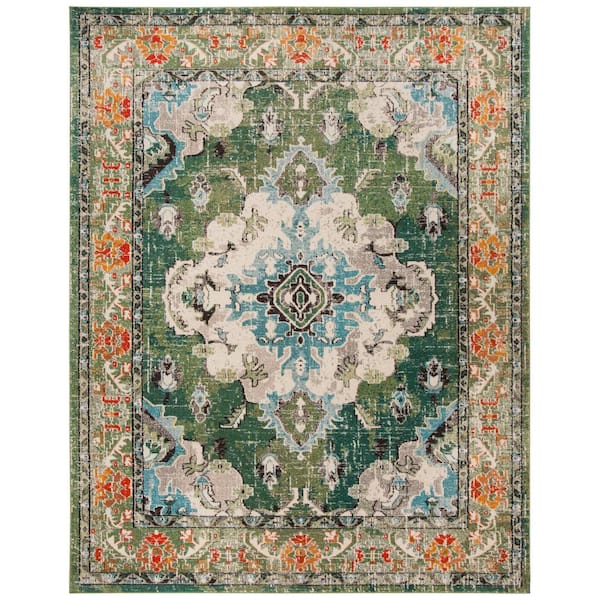 SAFAVIEH Monaco Forest Green/Light Blue 12 ft. x 15 ft. Distressed Border Medallion Area Rug