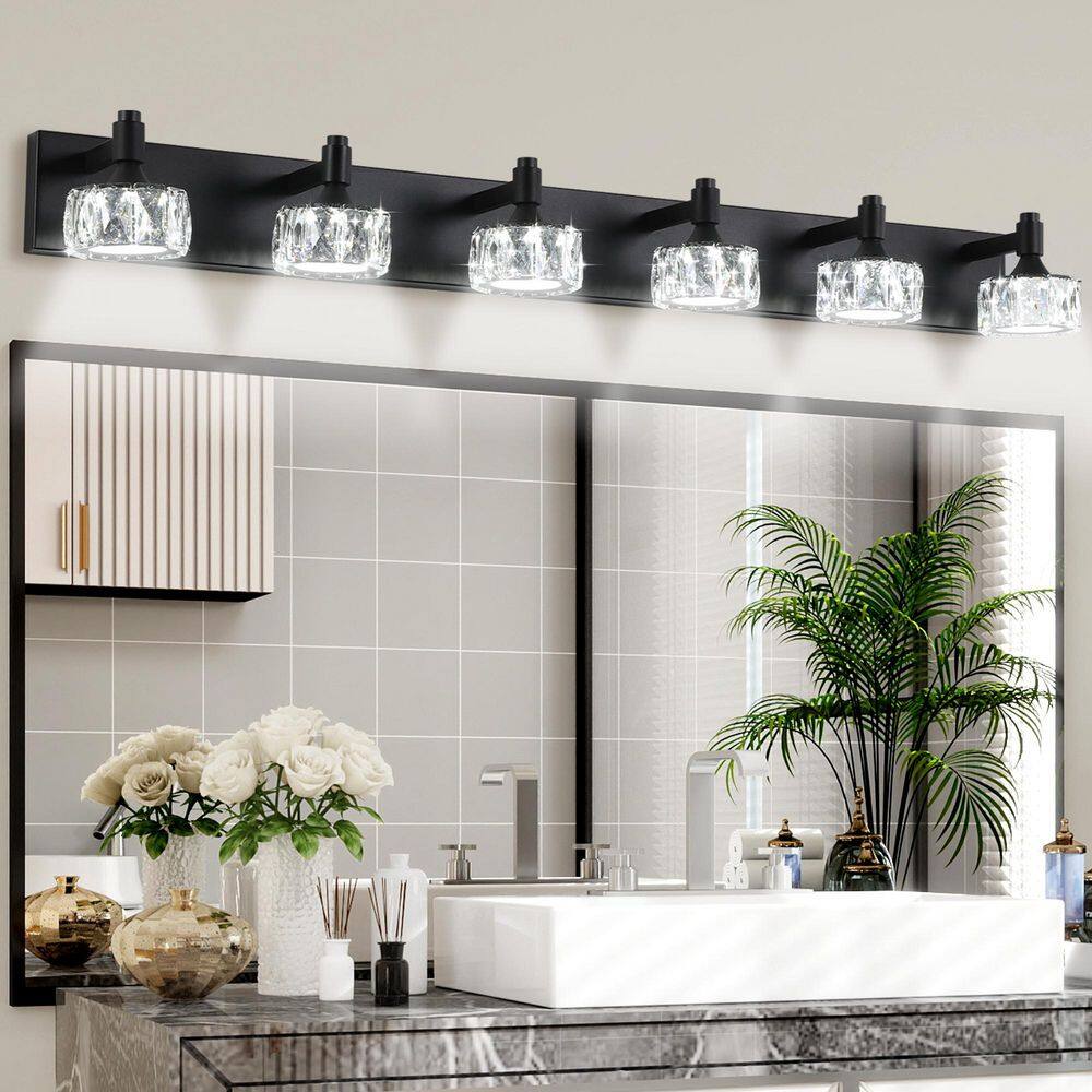 43.9 in. 6-Light Matte Black LED Vanity Light Fixture with Crystal Glass Shades, Modern Bathroom Wall Sconce, Home Decor price history on PriceWatchPro