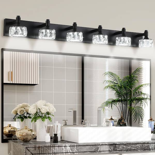 43.9 in. 6-Light Matte Black LED Vanity Light Fixture with Crystal Glass Shades, Modern Bathroom Wall Sconce, Home Decor