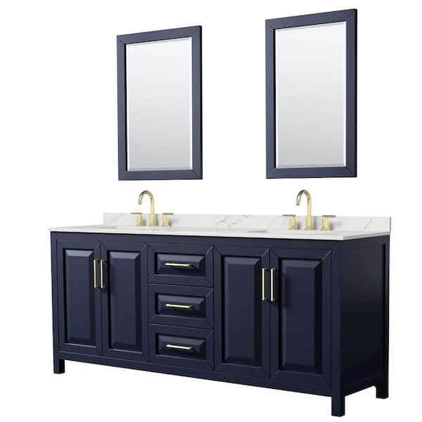 Wyndham Collection Daria 80 in. W x 22 in. D x 35.75 in. H Double Bath Vanity in Dark Blue with Giotto Quartz Top and 24 in. Mirrors