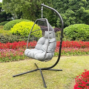 Outdoor 42 in. 1-Person Black Metal Patio Swing with Gray Cushion