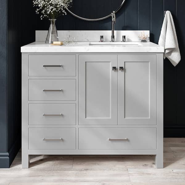ARIEL Cambridge 42.25 in. W x 22 in. D x 36 in. H Single Sink Freestanding Bath Vanity in Grey with Carrara Quartz Top