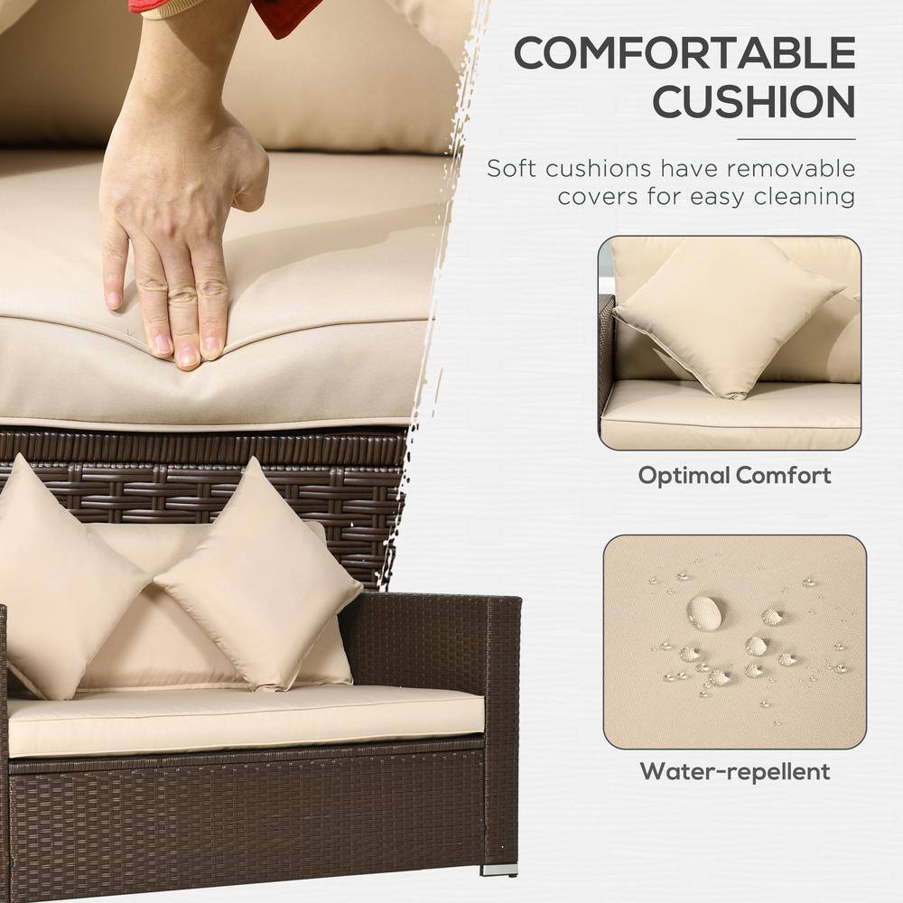Beige Wicker Outdoor Loveseat with Cushions and Throw Pillows