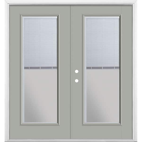 Masonite 72 in. x 80 in. Silver Cloud Fiberglass Prehung Right-Hand Inswing Mini Blind Patio Door with Brickmold, Vinyl Frame