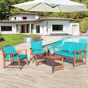 4-Piece Wood Wicker Patio Conversation Set with Turquoise Cushion