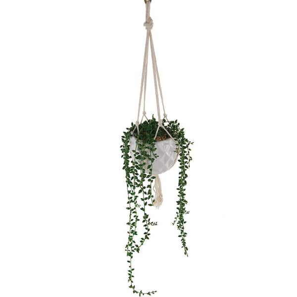 Flora Bunda 32 in. Artificial String of Pearls in Macrame Hanging Ceramic Planter