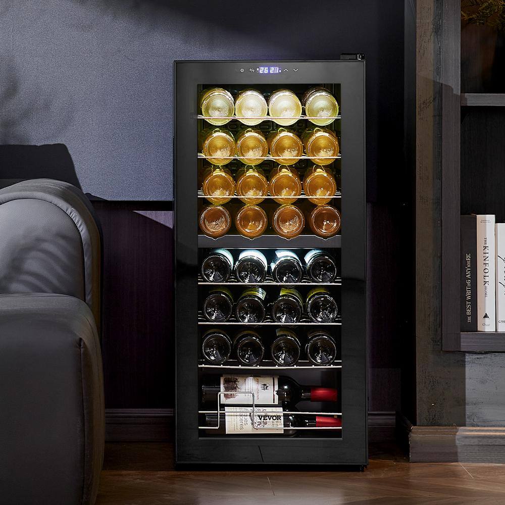 32-Bottle Black Dual Zone Freestanding Wine Cooler with Glass Door