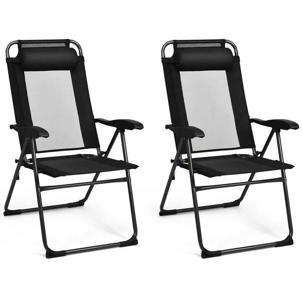 Black Adjustable Reclining Folding Patio Chairs with Headrests, Set of 4