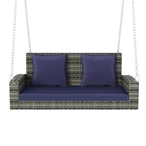 2-Person Wicker Hanging Porch Swing, Gray Rattan Swing Bench with Chains, Blue Cushions & Pillow for Garden, Backyard