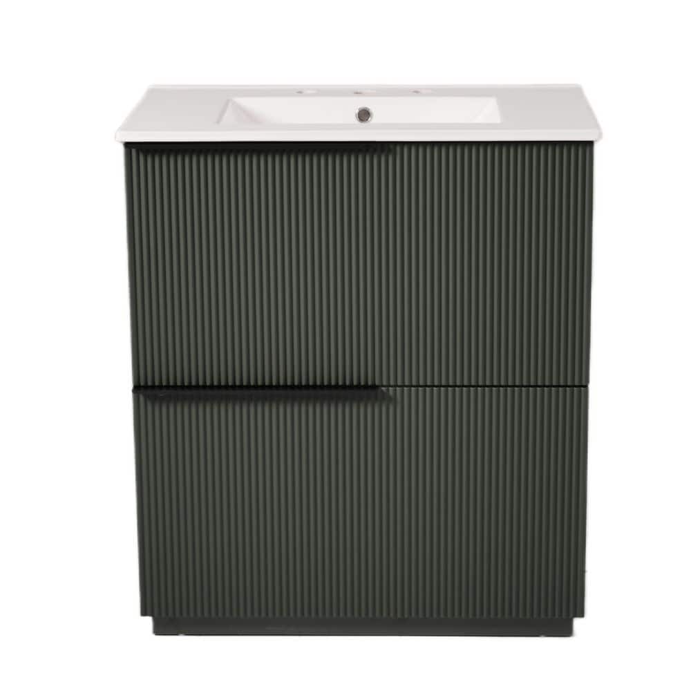 30 in. W x 18 in. D x 34 in. H Green Fluted Design Bath Vanity with White Ceramic Top, U-Shape Drawer, Soft Close price history on PriceWatchPro