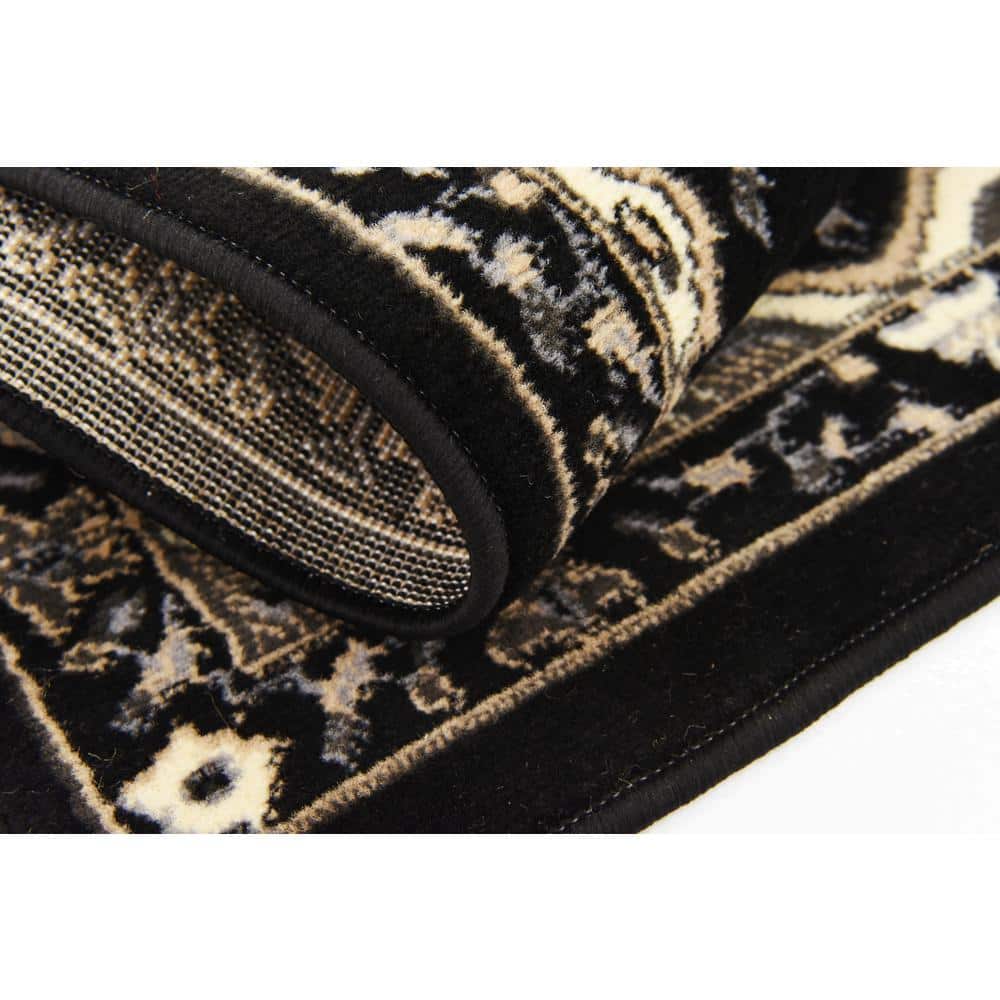 Black and Beige Rectangular Medallion Synthetic Rug
